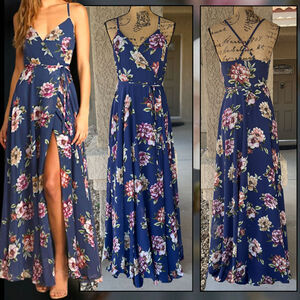 Lulus Always There For Me Navy Blue Floral Print Wrap Maxi Dress Size M